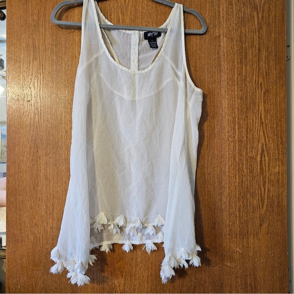 Sheer White Sleeveless Blouse with Tassel Hem